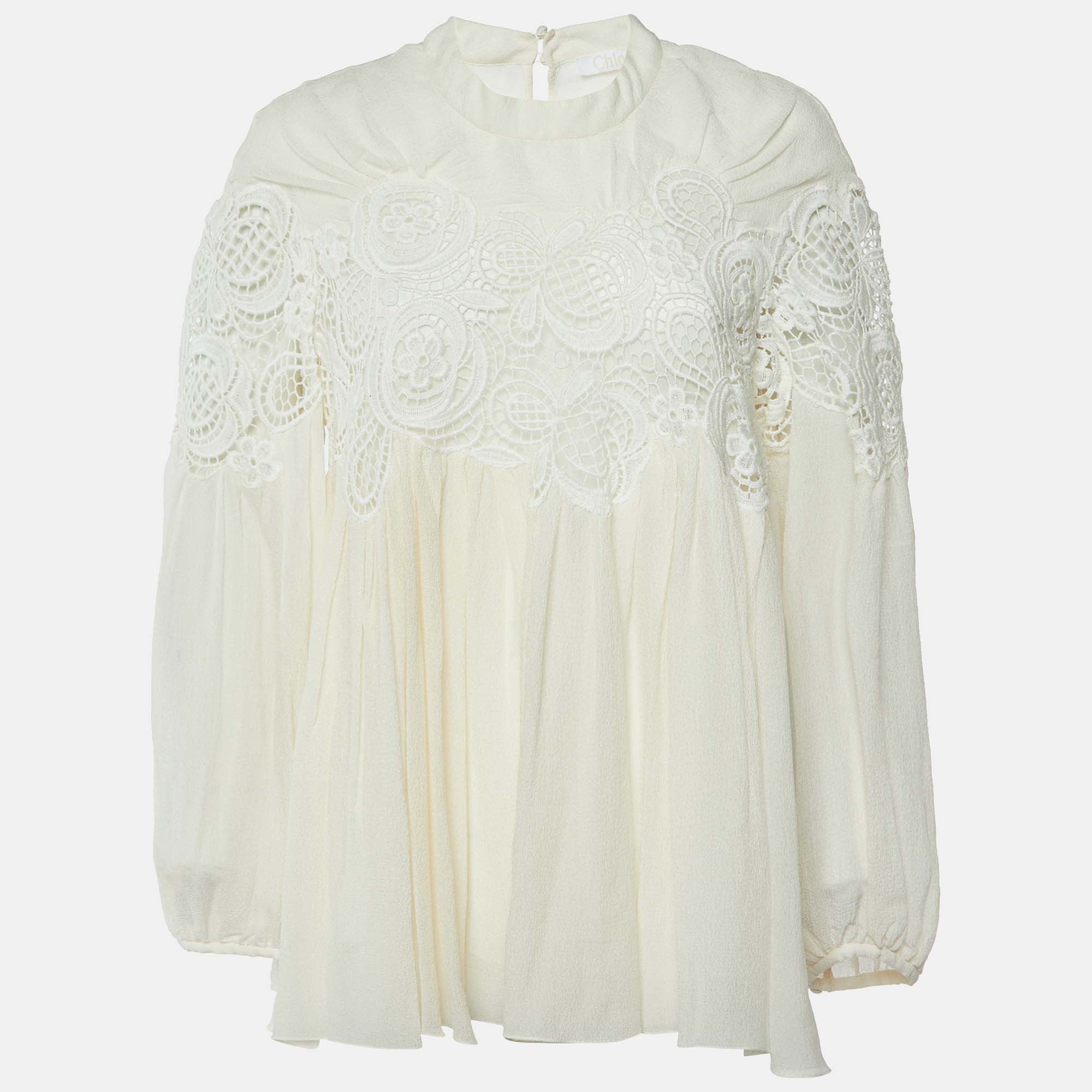 

Chloe Cream Silk & Lace Trim Flared Top L