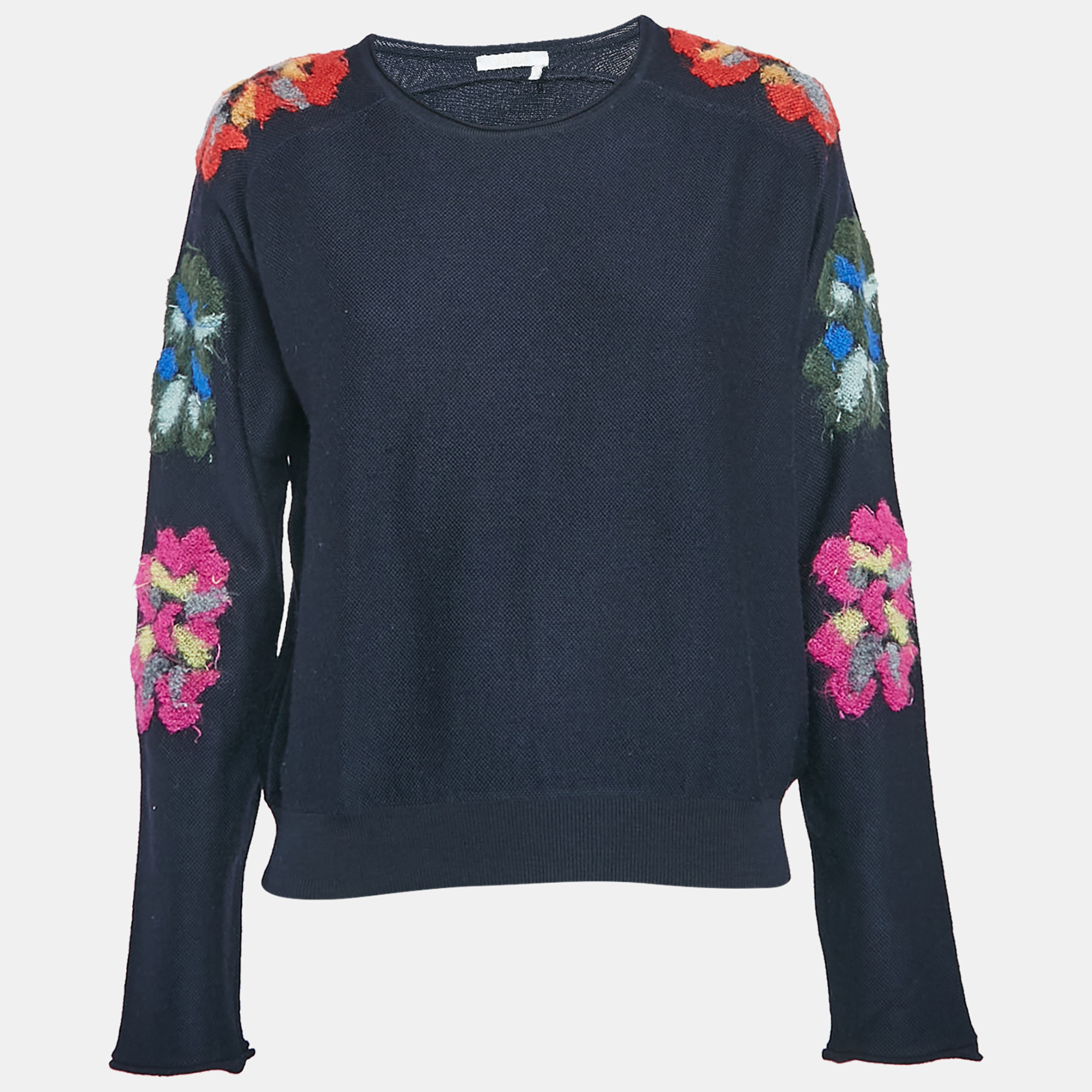 

Chloe Navy Blue Floral Embroidery Wool Sweater M