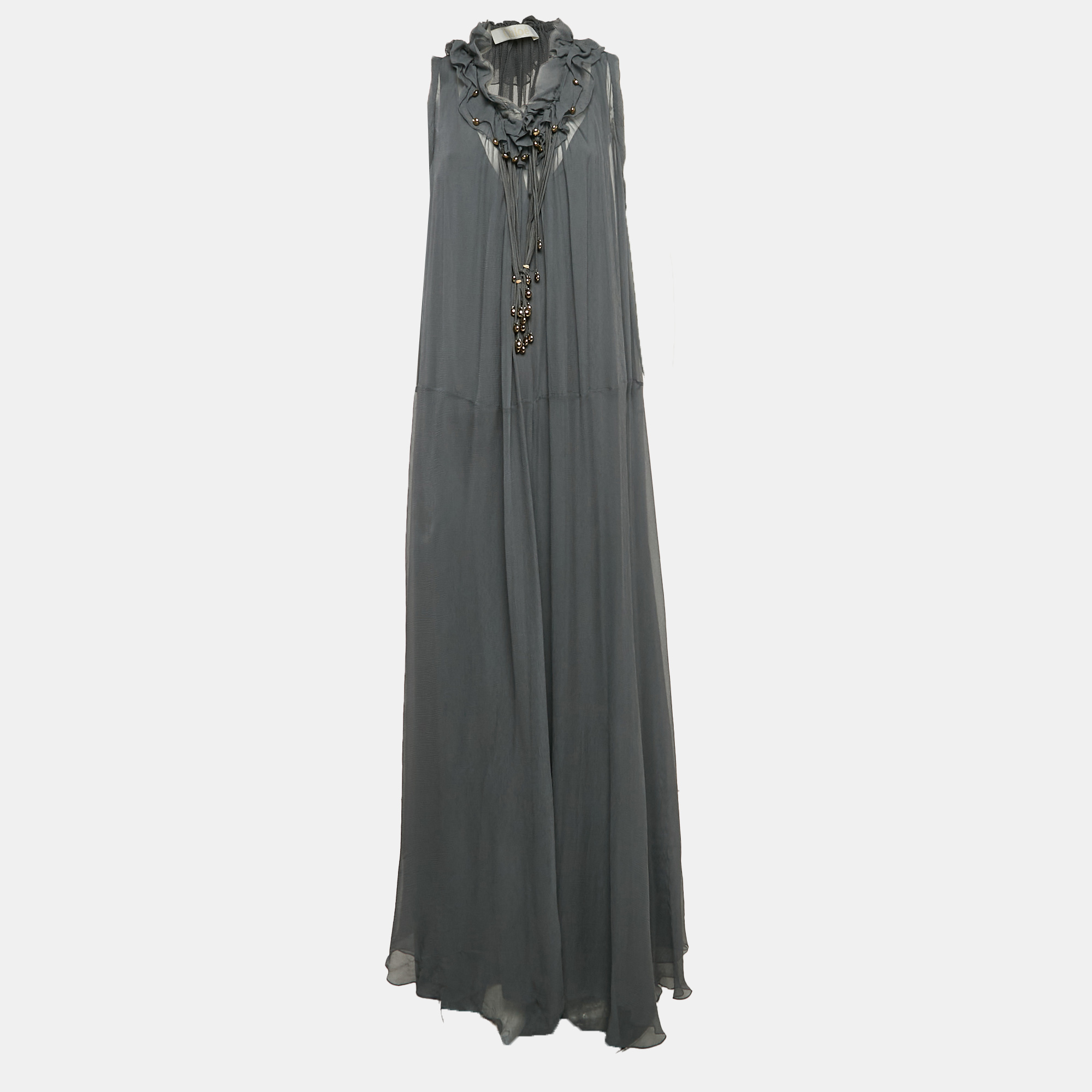 

Chloe Anthracite Grey Crepe Silk Beaded Maxi Dress L