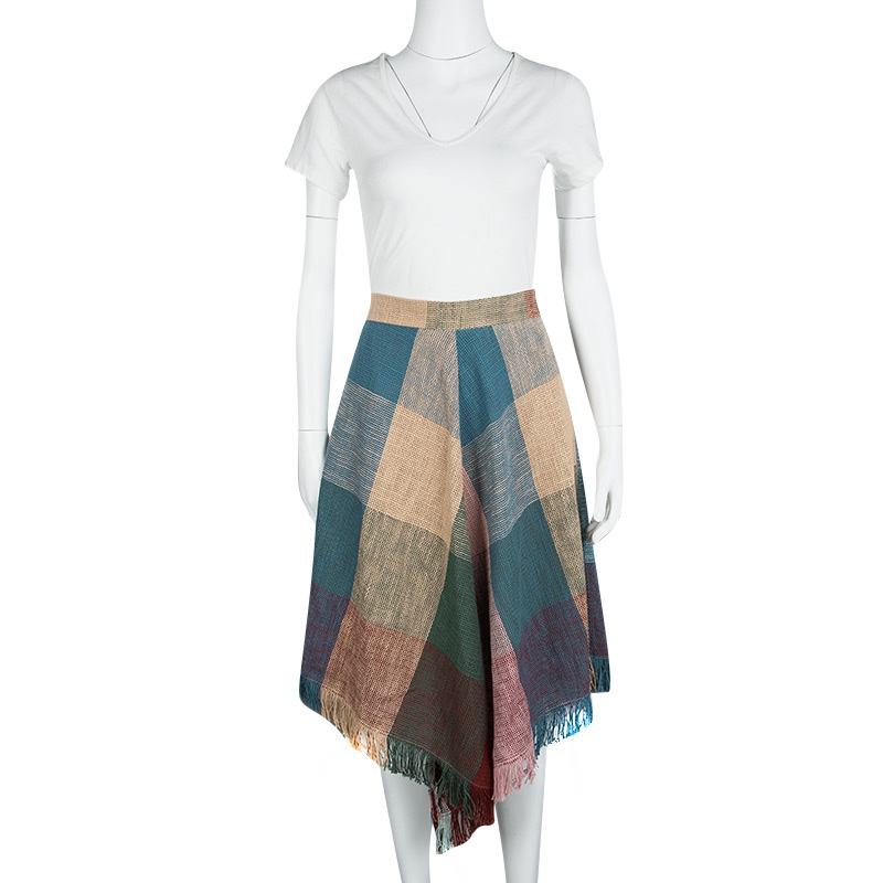 

Chloe Multicolor Checked Basket Weave Cotton Asymmetric Fringed Bottom Skirt