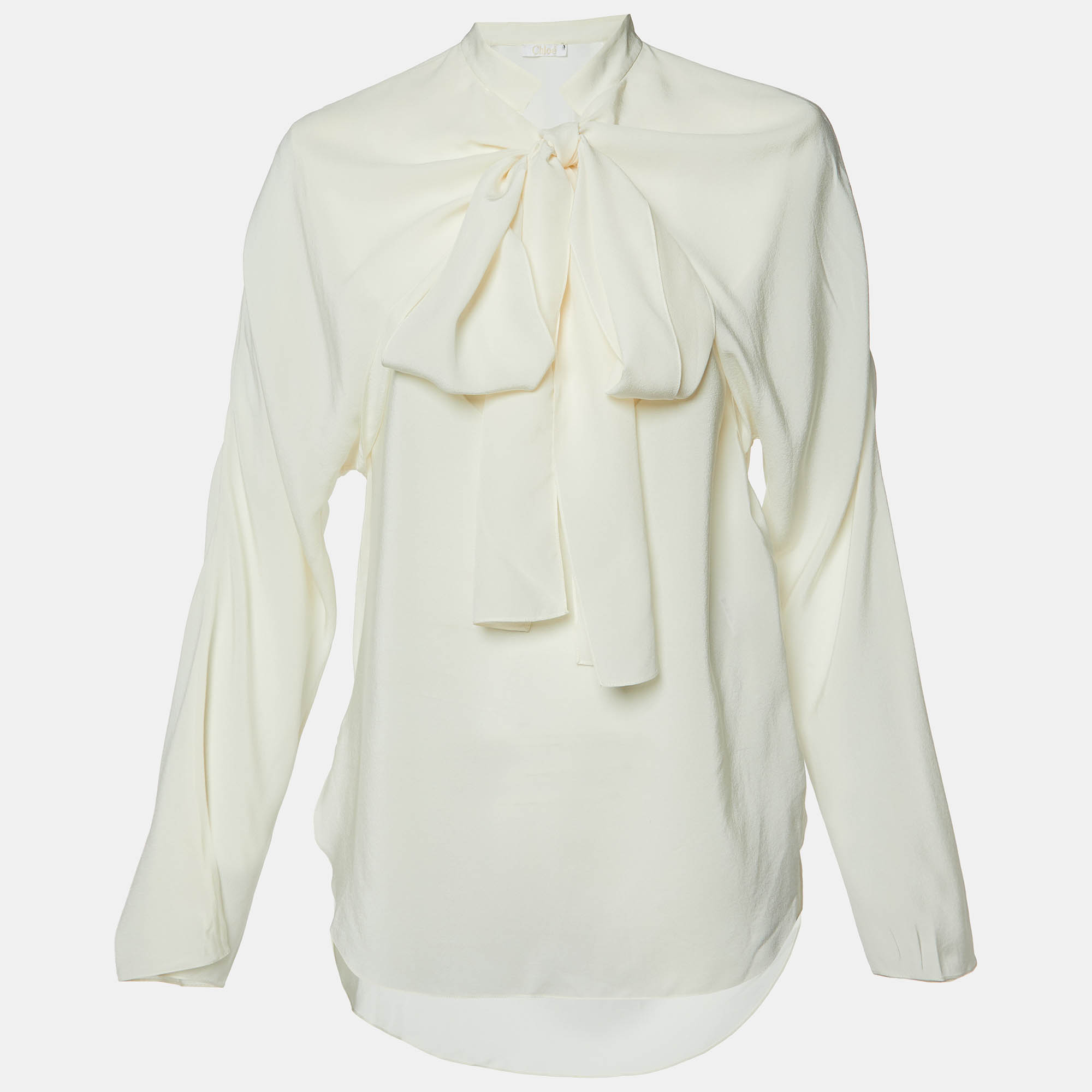 

Chloe Milk White Crepe Tie-Up Neck Detail Blouse M