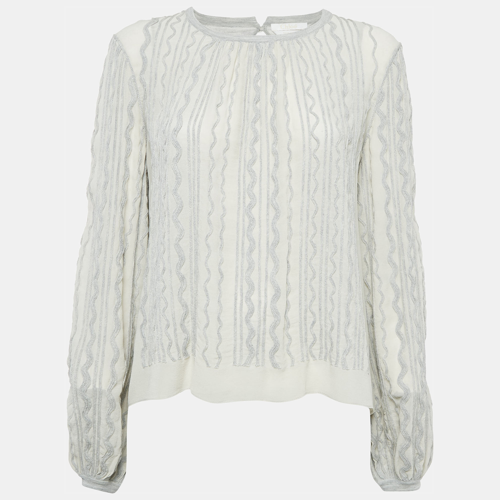 

Chloe Grey Wavy Embroidered Silk and Jersey Top XS