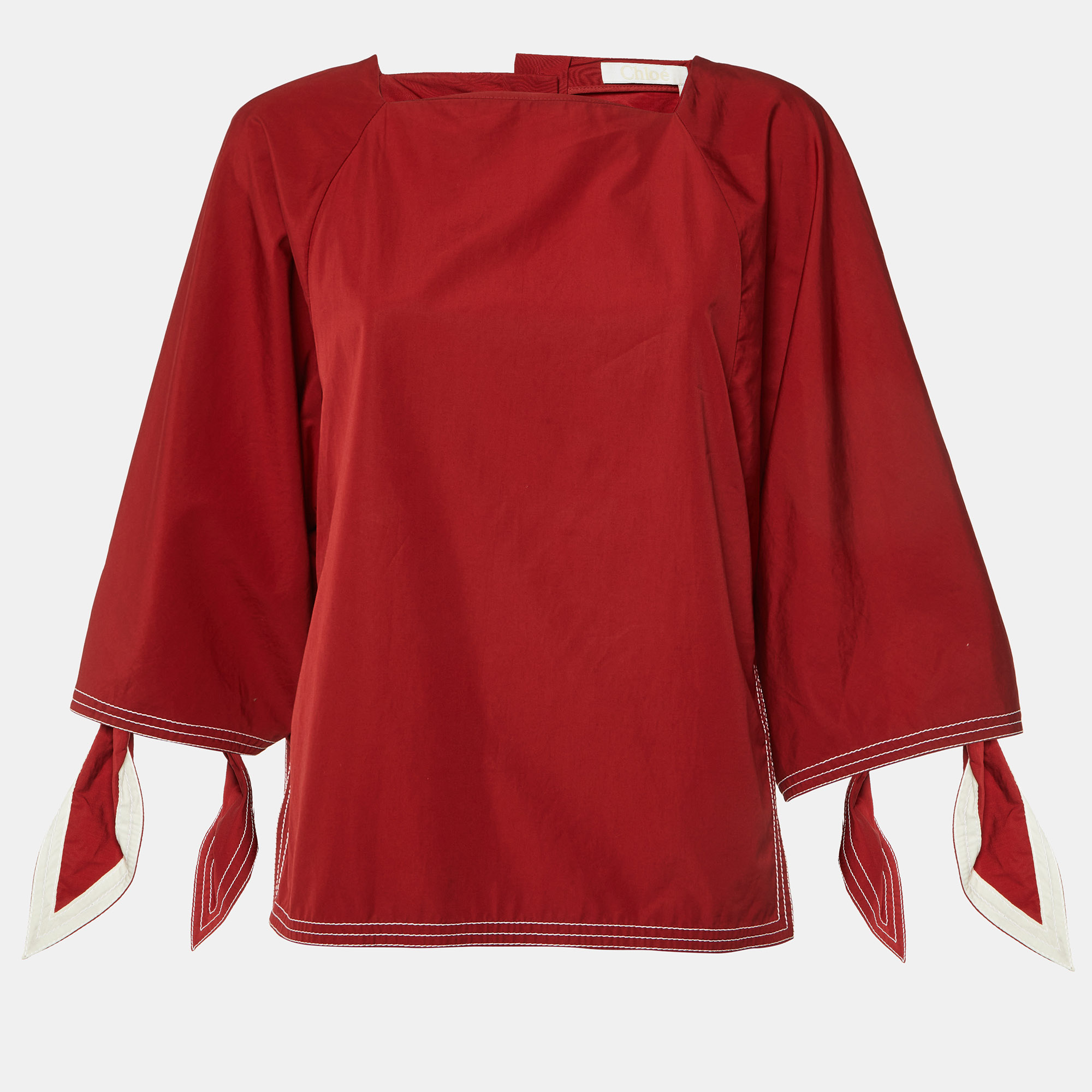 

Chloe Dark Ruby Cotton Tie Sleeve Detail Blouse S, Red