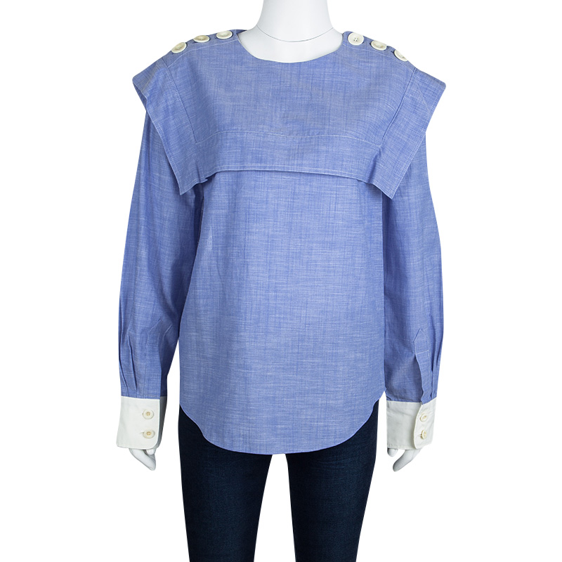 

Chloe Blue Chambray Shoulder Button Detail Long Sleeve Top