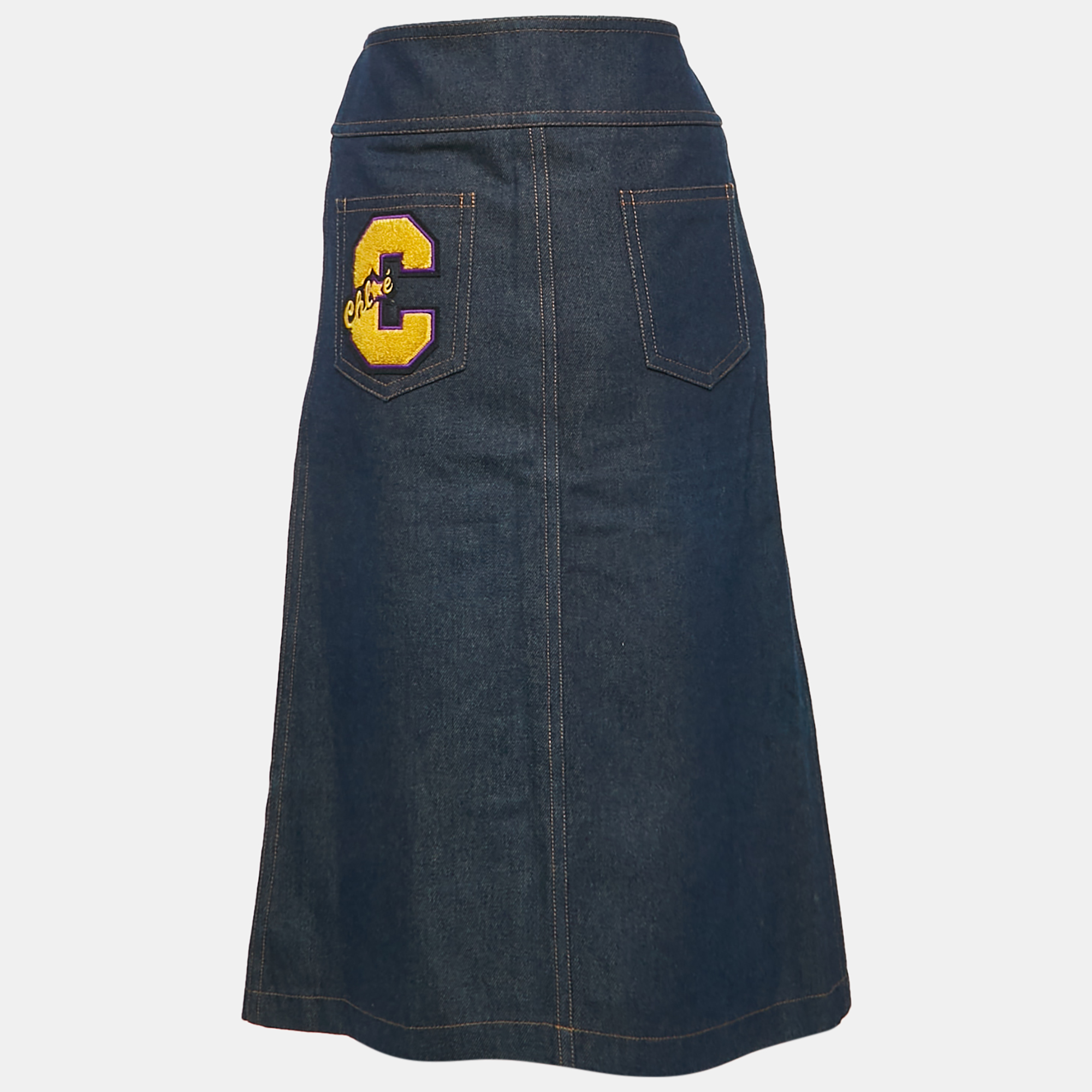 Chloe Vintage Navy Blue Applique Denim Pencil Skirt S 