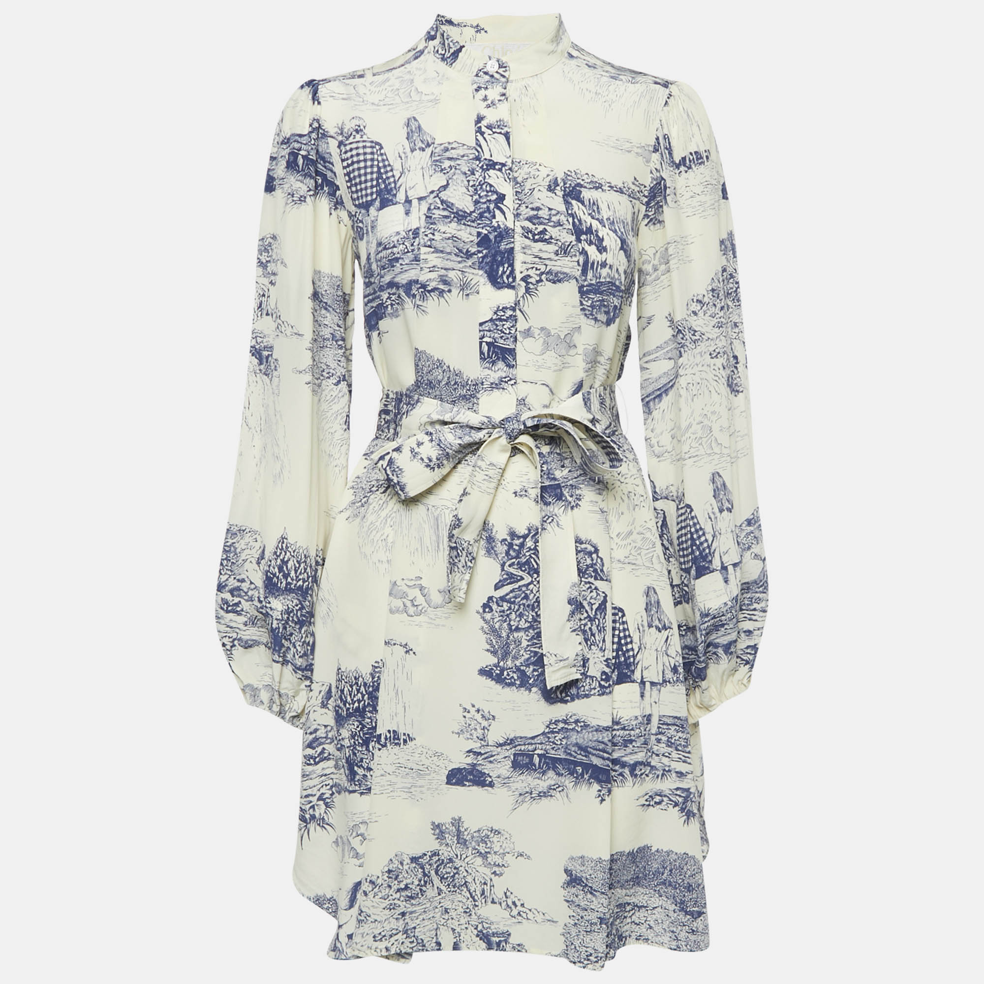 

Chloe Cream/Blue Printed Silk Mini Dress S, White