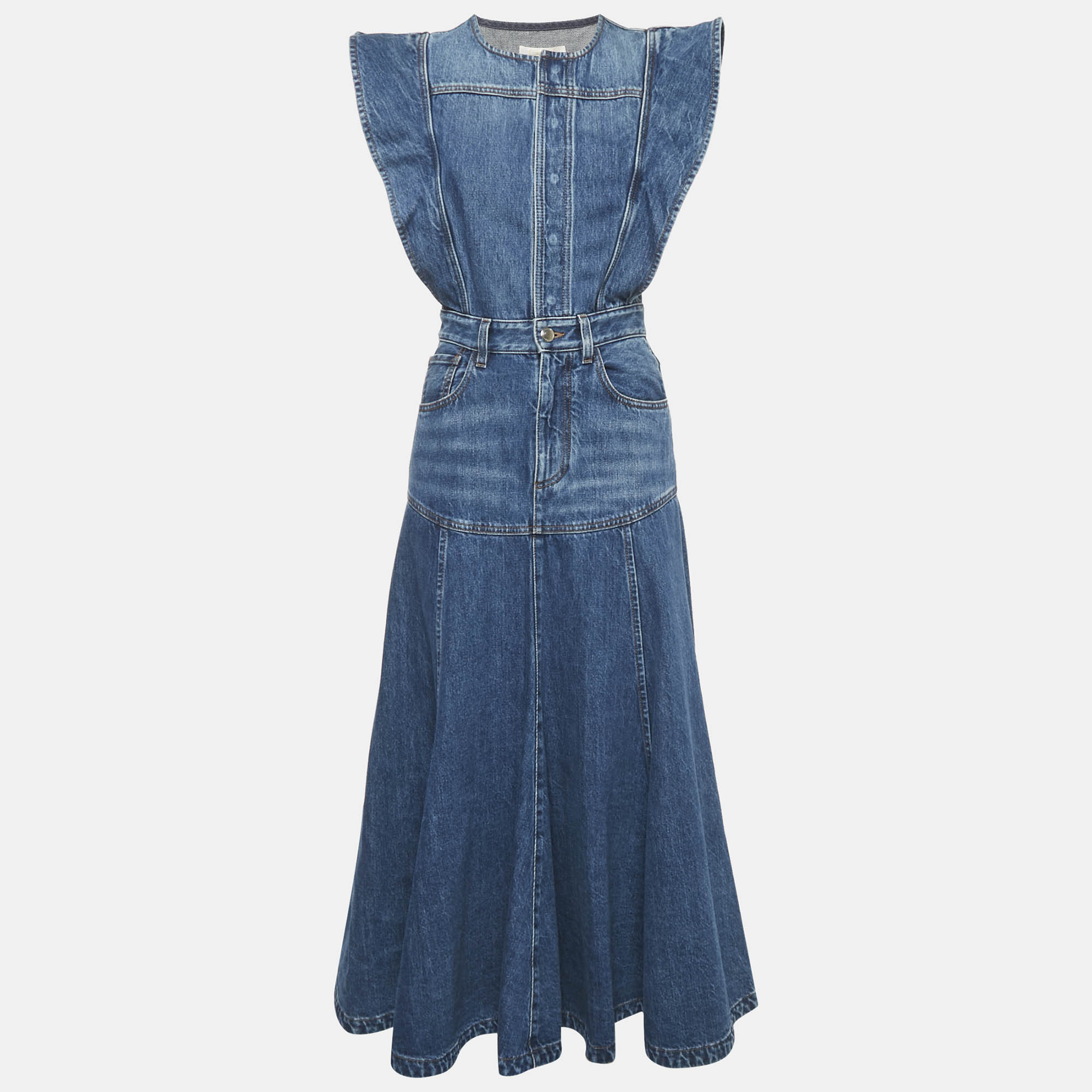 

Chloé Blue Denim Flared Basque Cap-Sleeve Midi Dress S