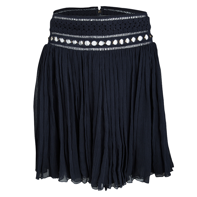 Pre Owned Chloe Deep Navy Blue Crinkled Silk Chiffon Cutout Lace Waist Detail Mini Skirt S