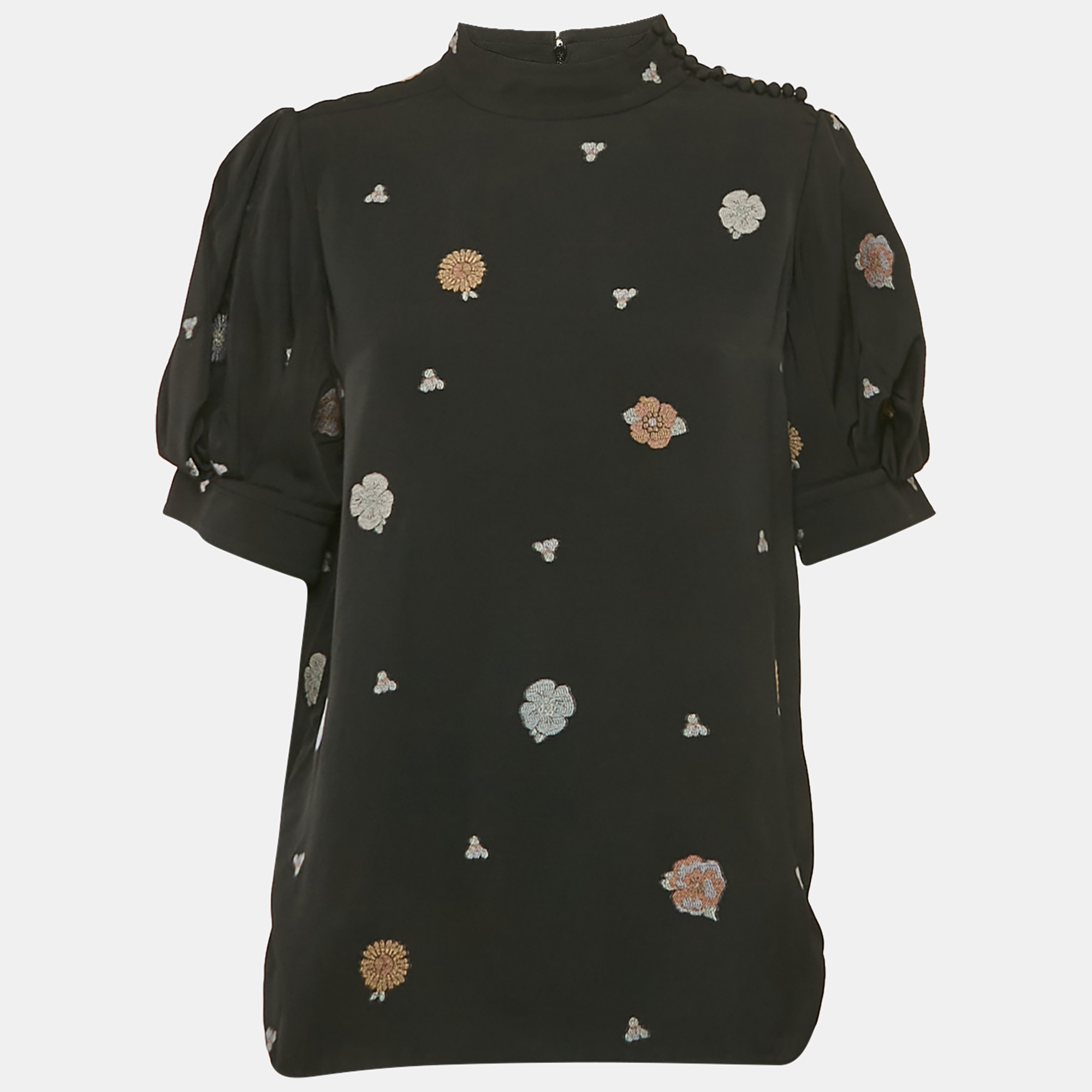 

Chloé Black Brocade Puff Sleeve Top L