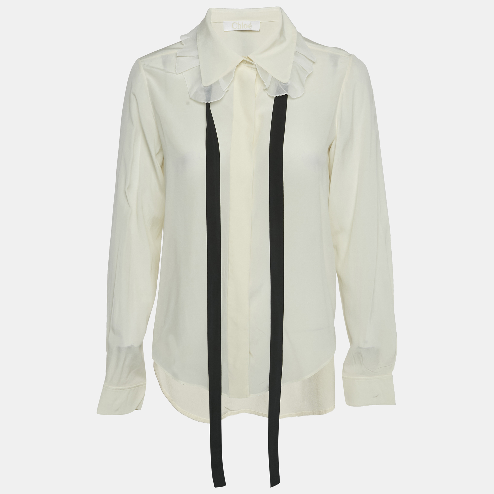 

Chloe Cream Silk Chiffon Contrast Neck Detail Shirt M