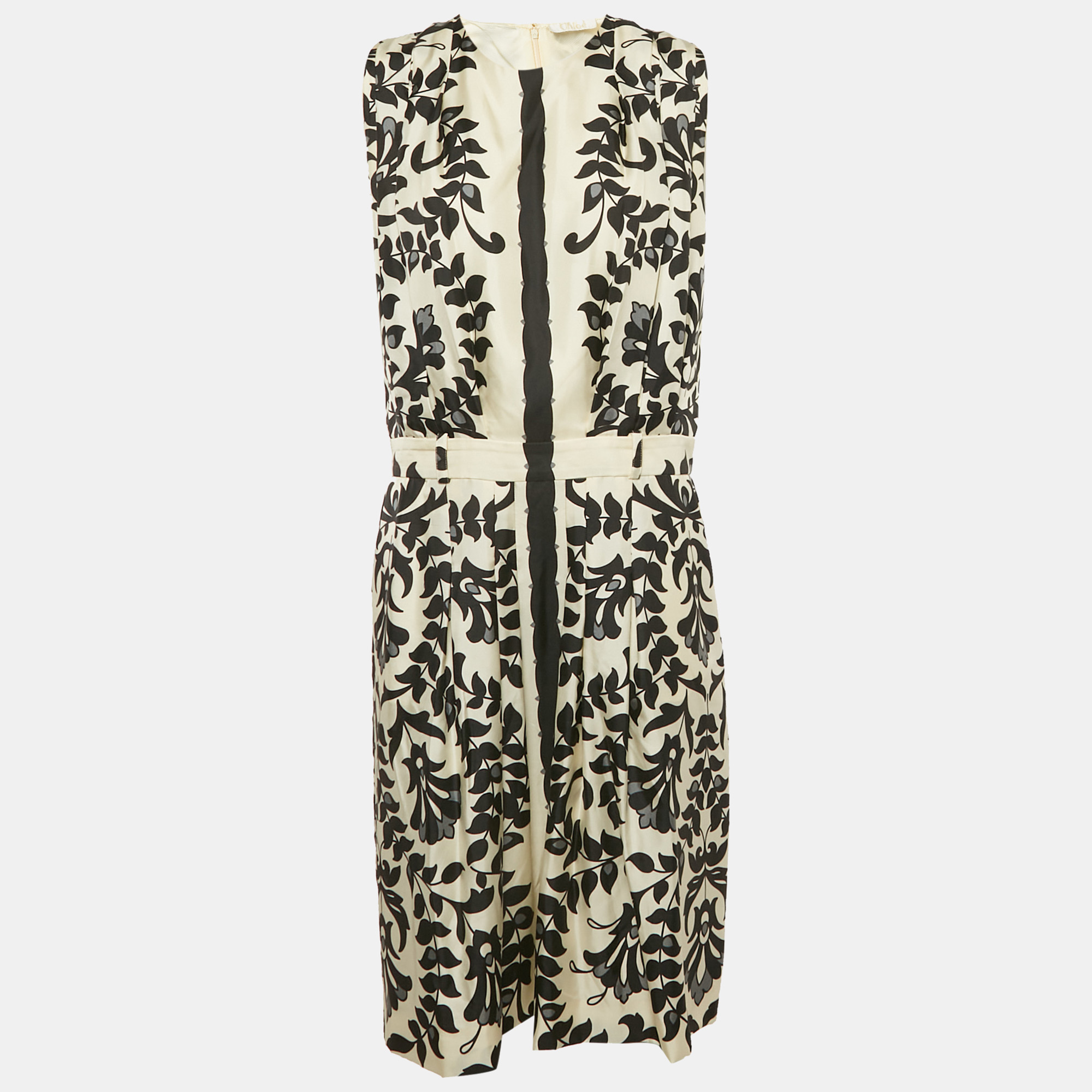 Pre-owned Chloé Black/white Printed Silk Sleeveless Knee-length Dress M