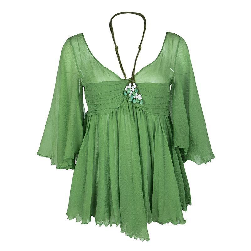 Pre Owned Chloe Green Crinkled Chiffon Gathered Tie Detail Blouse M