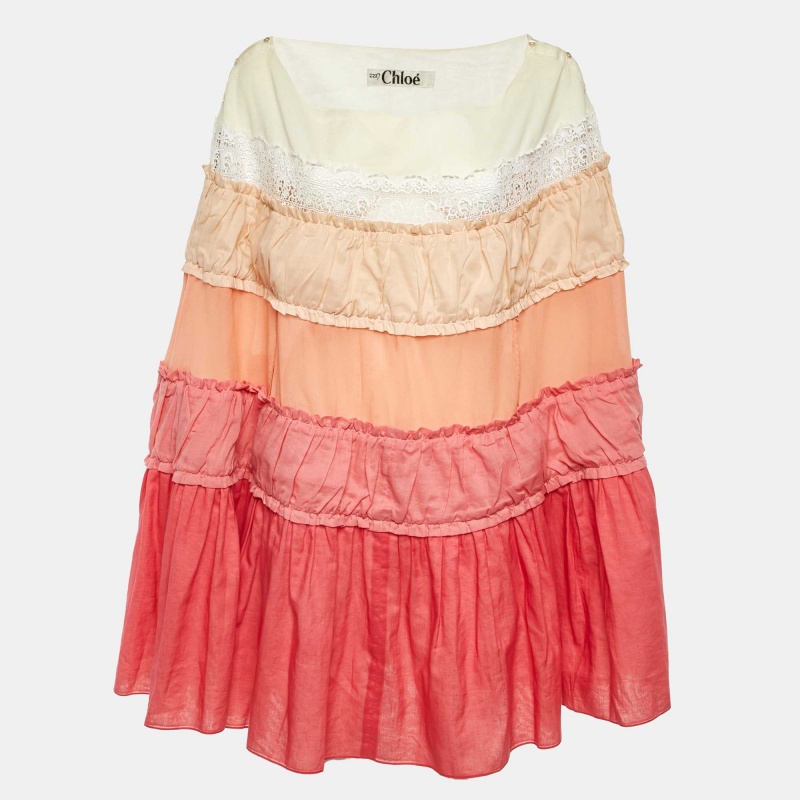 Pre-owned Chloé Pink/cream Cotton & Silk Tiered Kaftan Tunic M