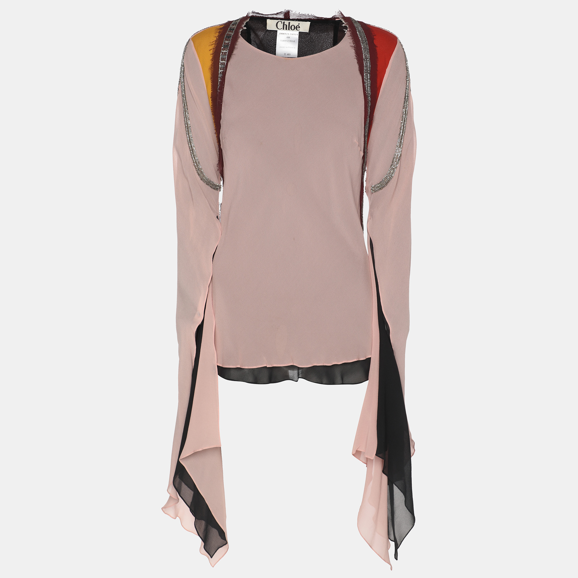 Pre-owned Chloé Multicolor Crepe Beads Embellished Long Sleeve Tops M