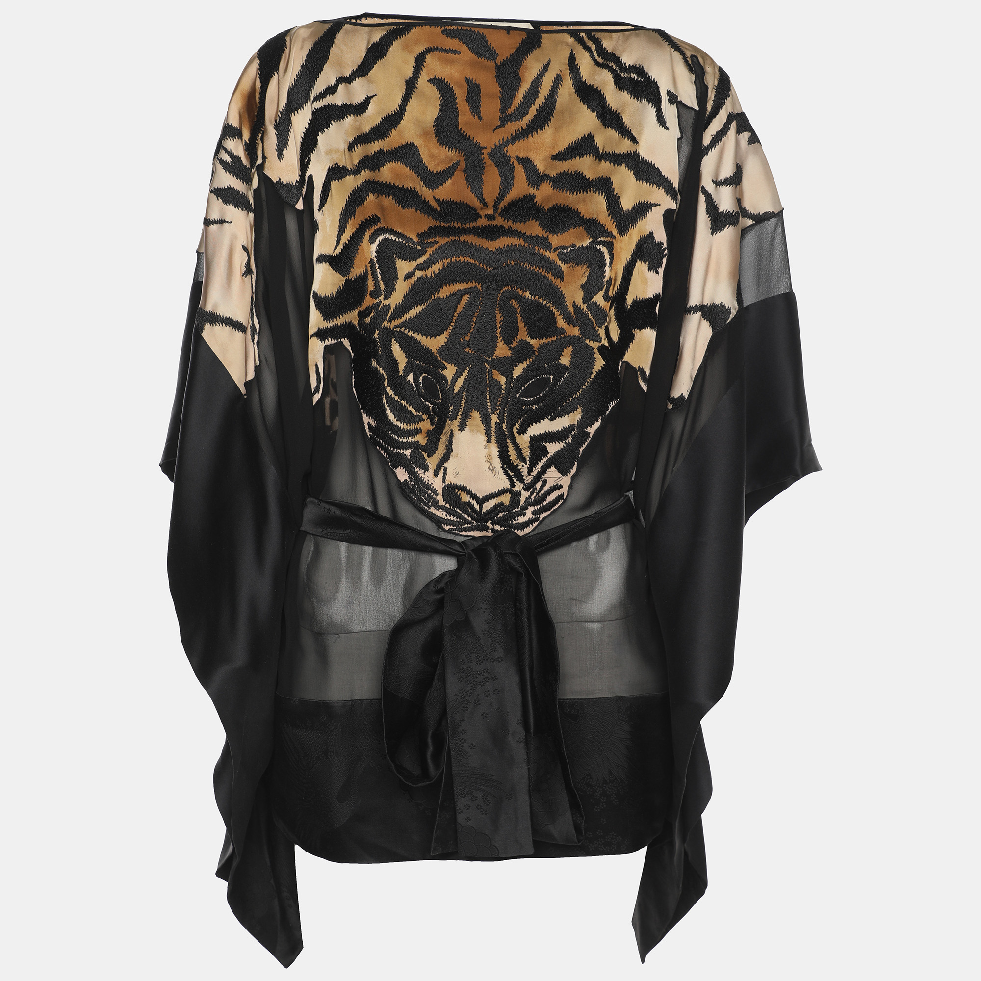 Pre-owned Chloé Beige/black Satin Tiger Embroidered Belted Kaftan Blouse M In Sand
