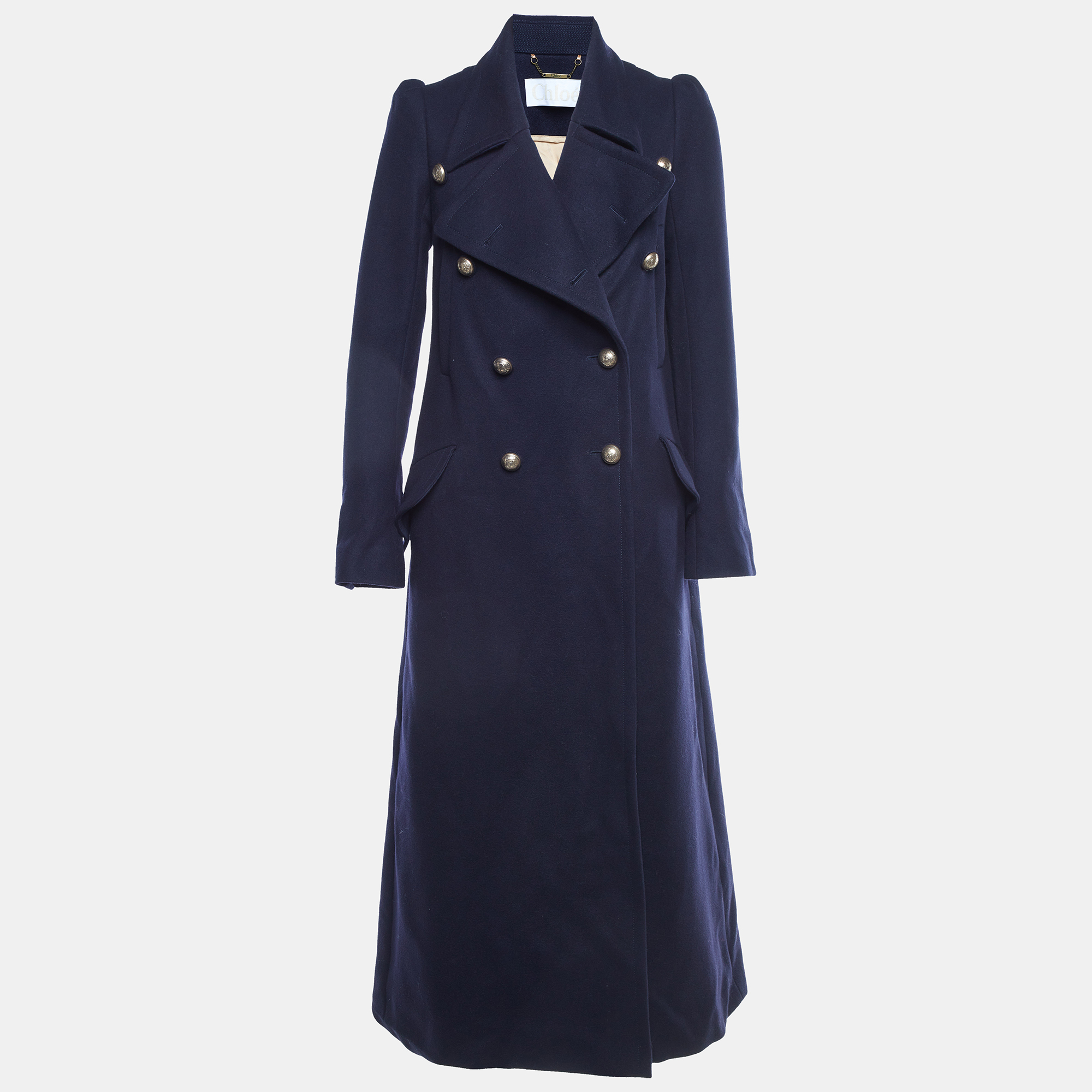 Pre-owned Chloé Navy Blue Wool Felted Double Breasted Long Coat S
