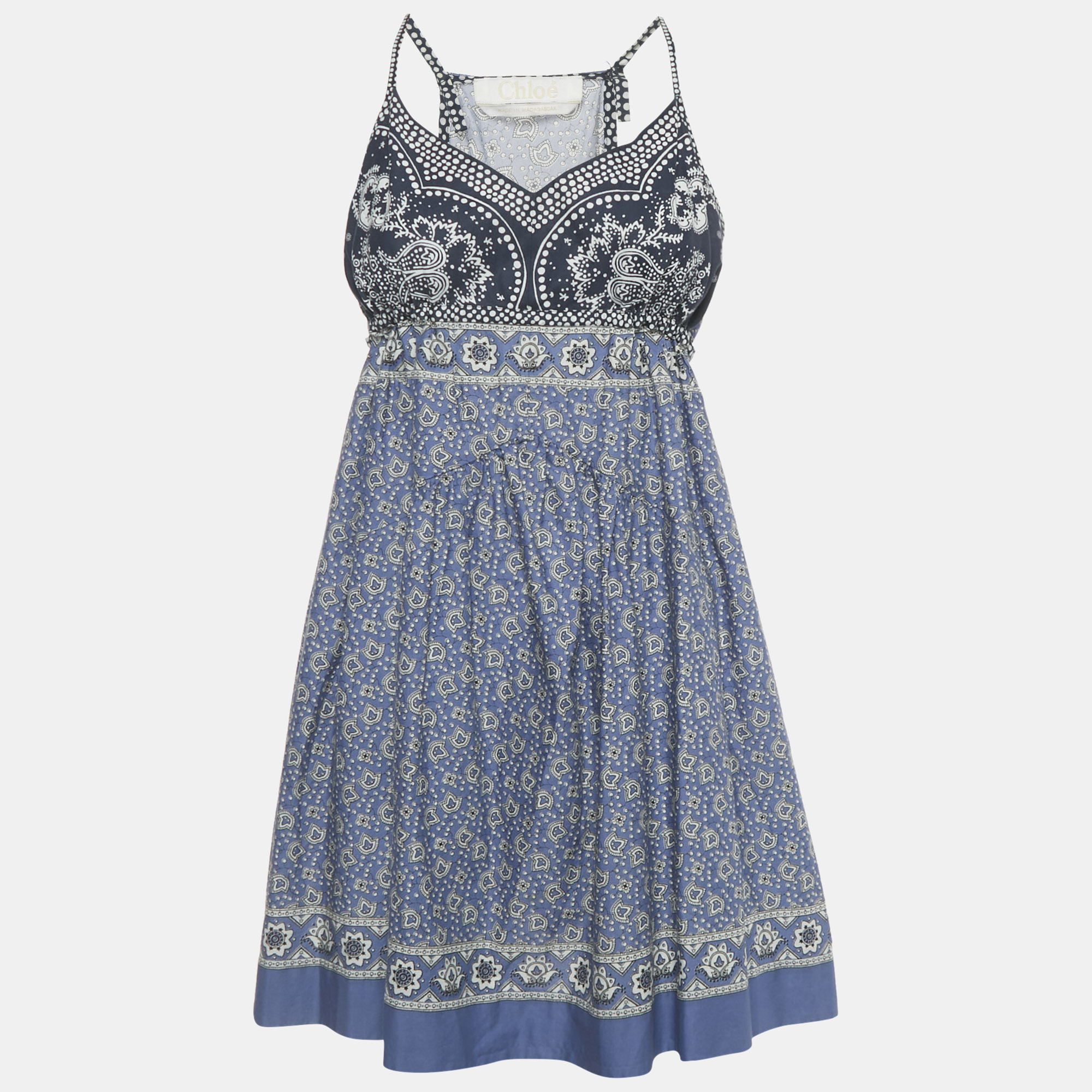 Pre-owned Chloé Blue Printed Cotton Strappy Mini Dress S