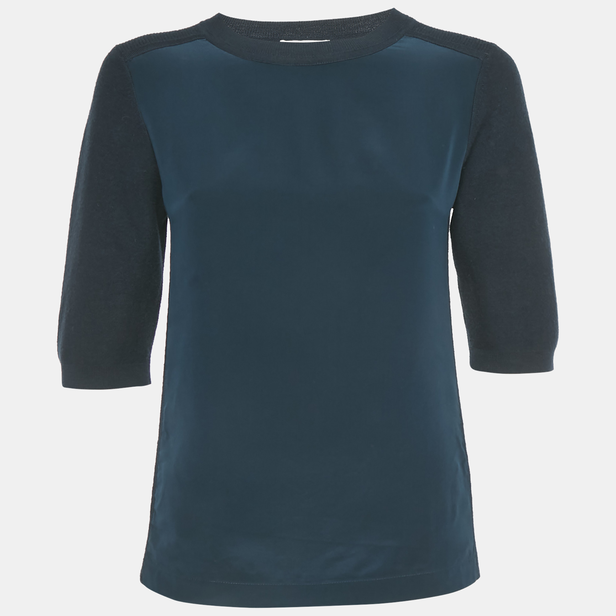 

Chloe Black Navy Wool Knit and Silk Crew Neck Top XS, Navy blue
