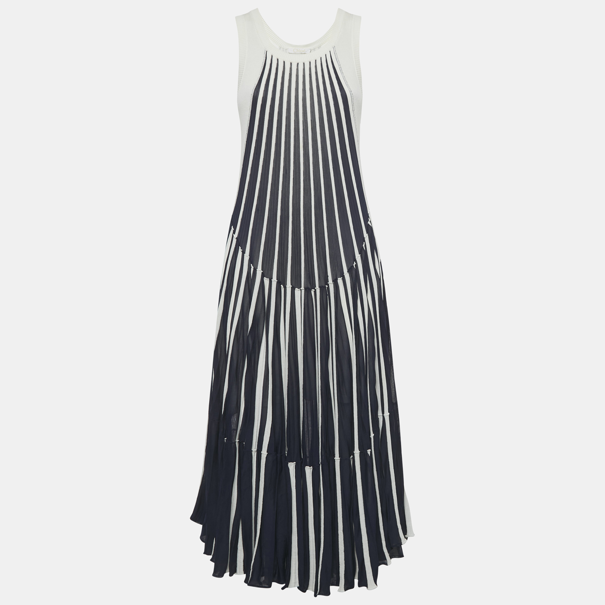

Chloe Navy Blue White Vertical Stripe Cotton Knit Midi Dress M