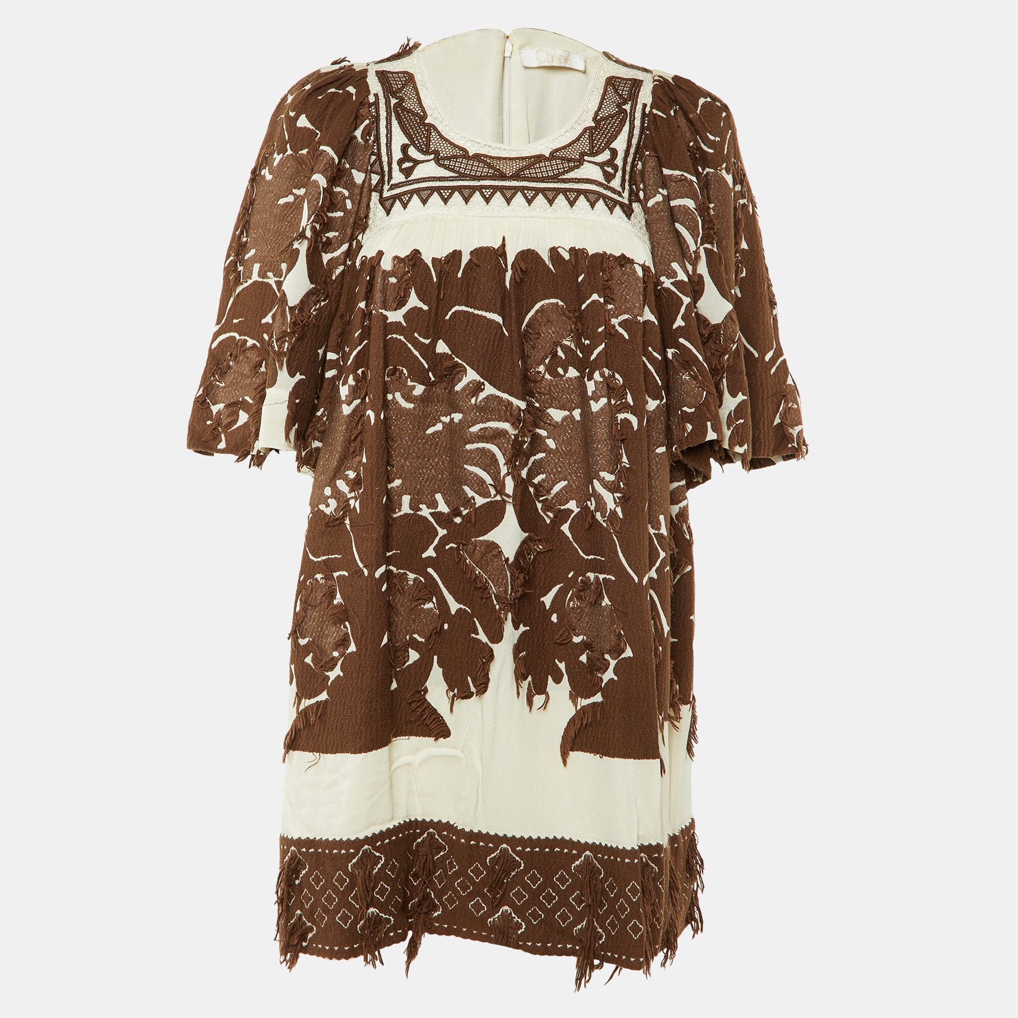 Pre-owned Chloé Havana Brown Fringed Jacquard Mini Tunic Dress S