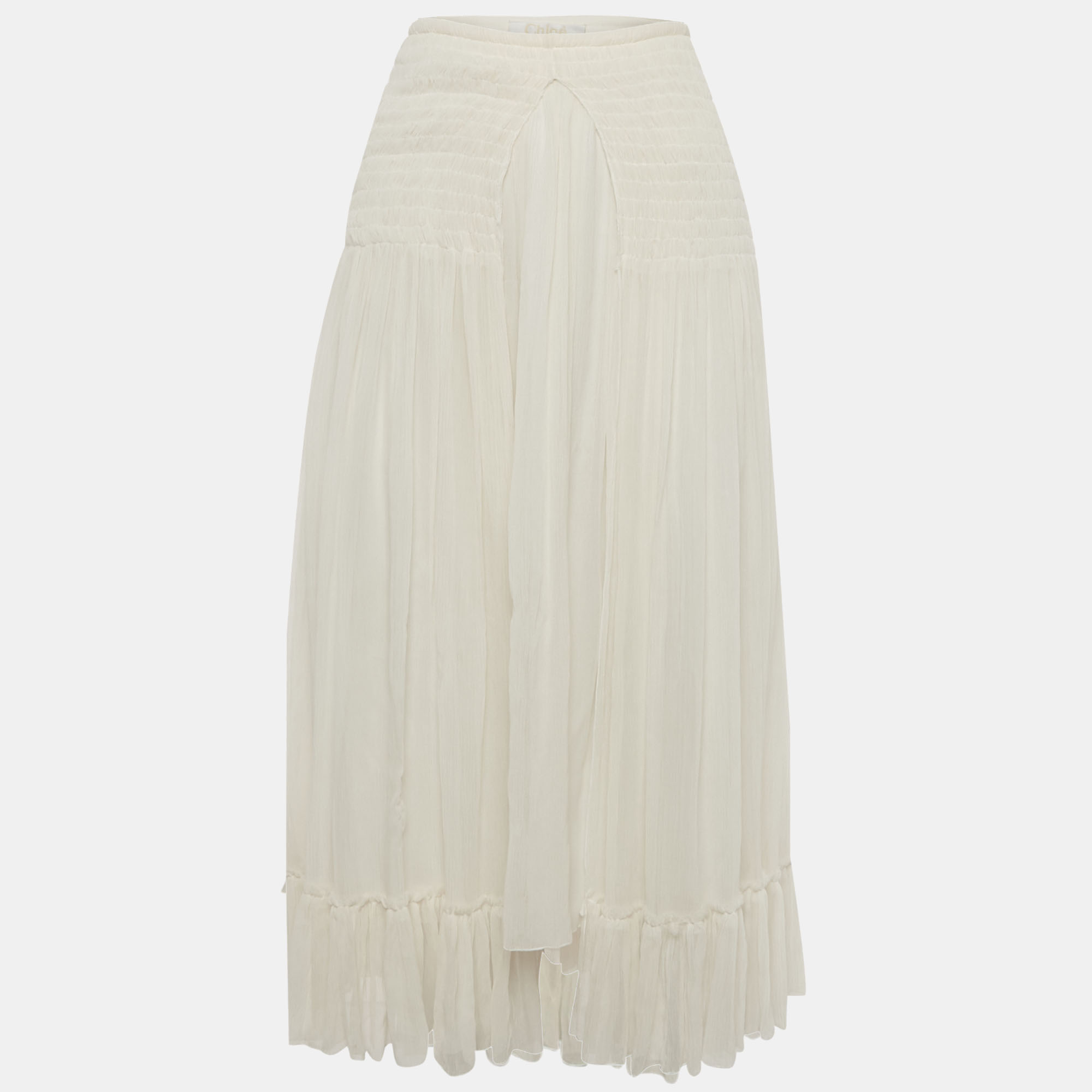 Pre-owned Chloé White/iconic Milk Chiffon Smocked Midi Skirt S