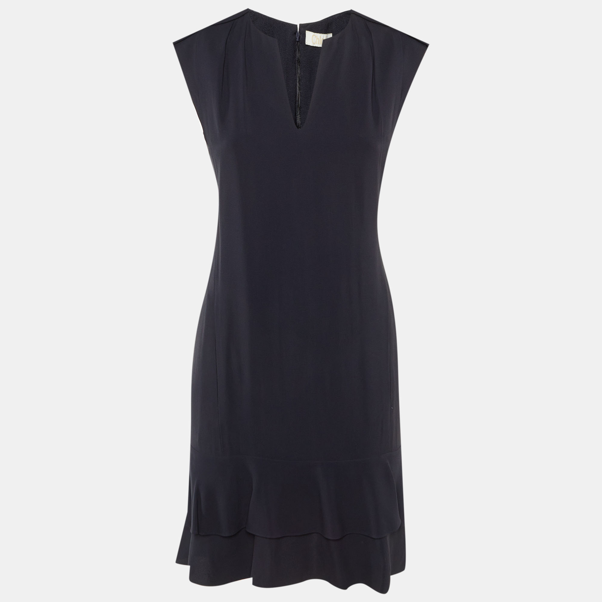 

Chloe Navy Blue Crepe Flounced Sleeveless Dress S