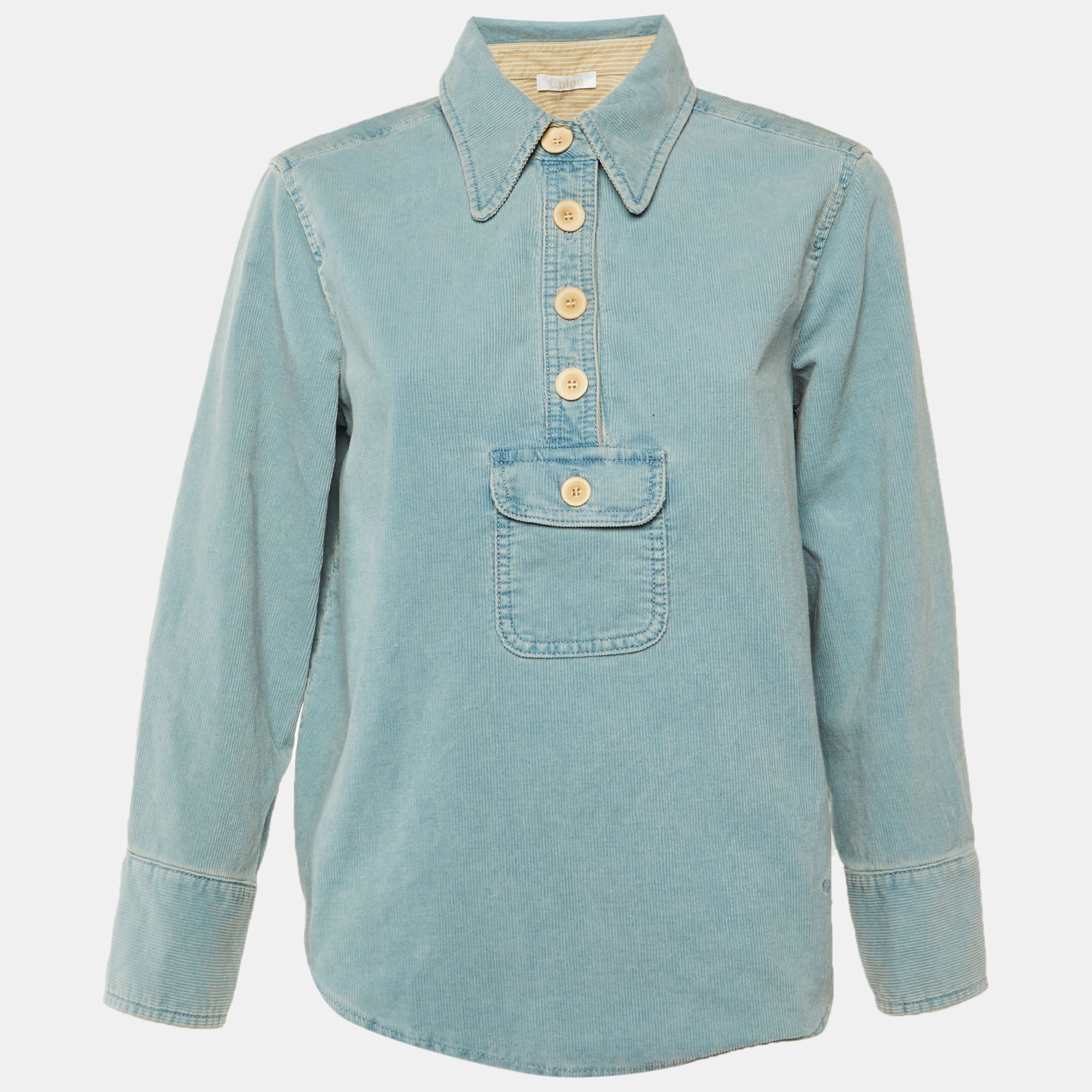 Pre-owned Chloé Blue Corduroy Front Pocket Detail Shirt M