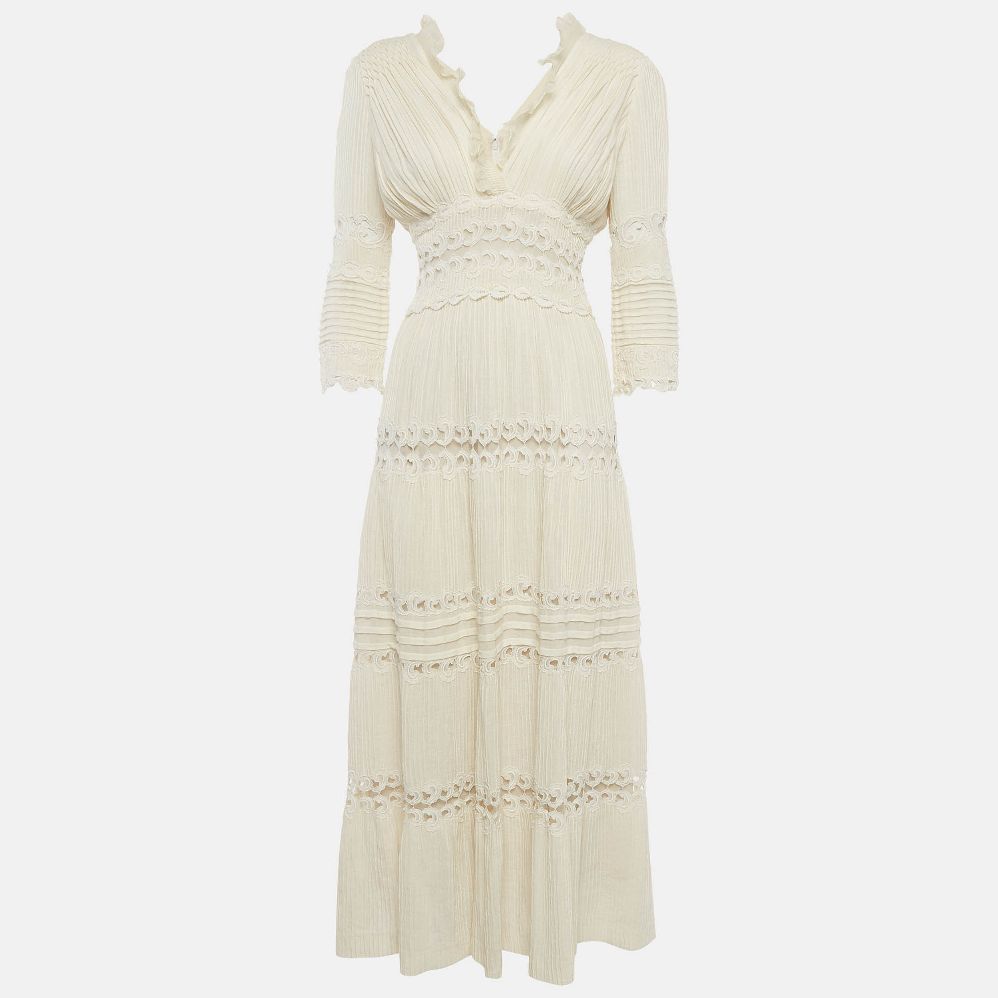 

Chloe Cream Pintucked Linen Lace Panelled Maxi Dress S, White