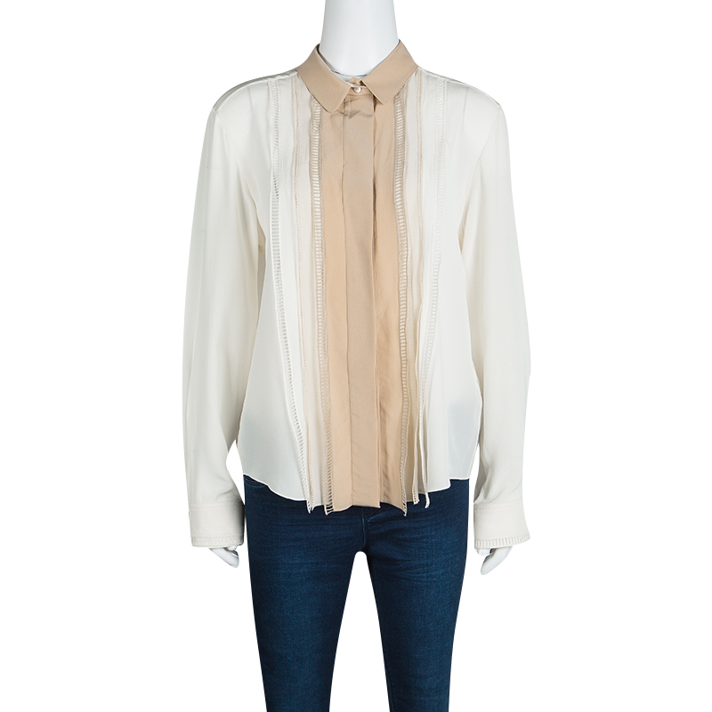 

Chloe Cream Contrast Collar and Lapel Ladder Lace Detail Silk Blouse