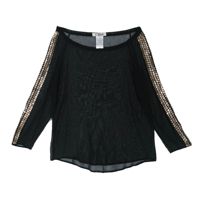 Chloe Black Cotton Voile Metal Sequin Embellished Long Sleeve Sheer Top M