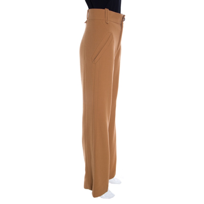 Pre-owned Chloé Speculos Brown High Rise Wide Leg Wool Trousers S