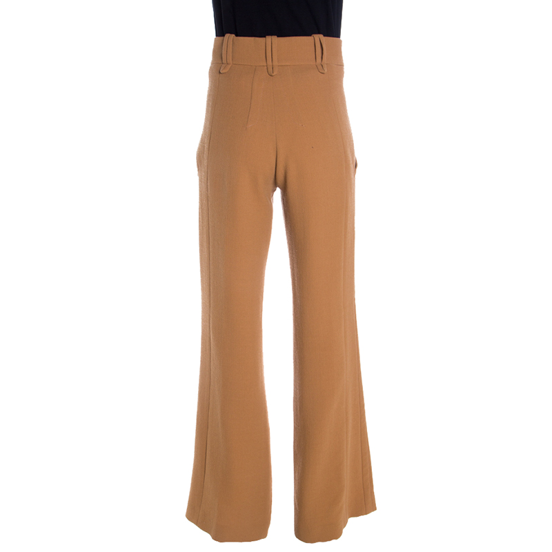 Pre-owned Chloé Speculos Brown High Rise Wide Leg Wool Trousers S
