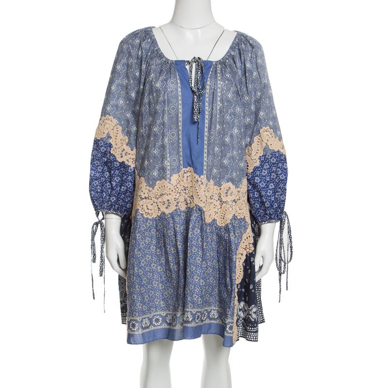 Pre Owned Chloe Blue Printed Cotton Lace Applique Oversized Bohemian Dress S