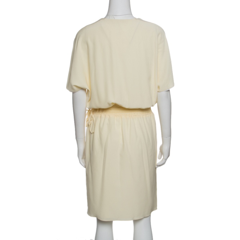 Pre-owned Chloé Vanilla Yellow Smocked Waist Lace Insert Tie Detail Dress M