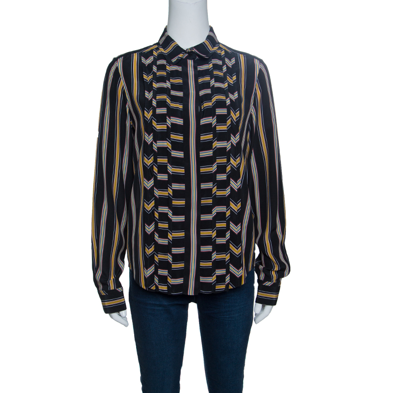 Pre Owned Chloe Black Broken Stripe Print Pintucked Long Sleeve Shirt M  