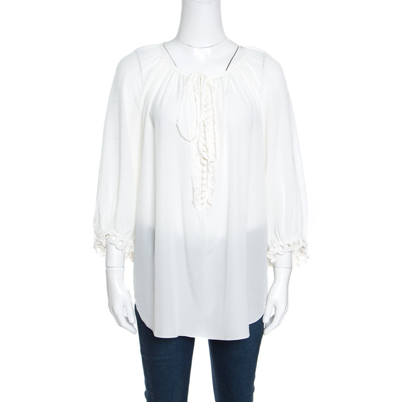 Pre Owned Chloe Iconic Milk White Silk Scalloped Lace Trim Peasant Blouse L