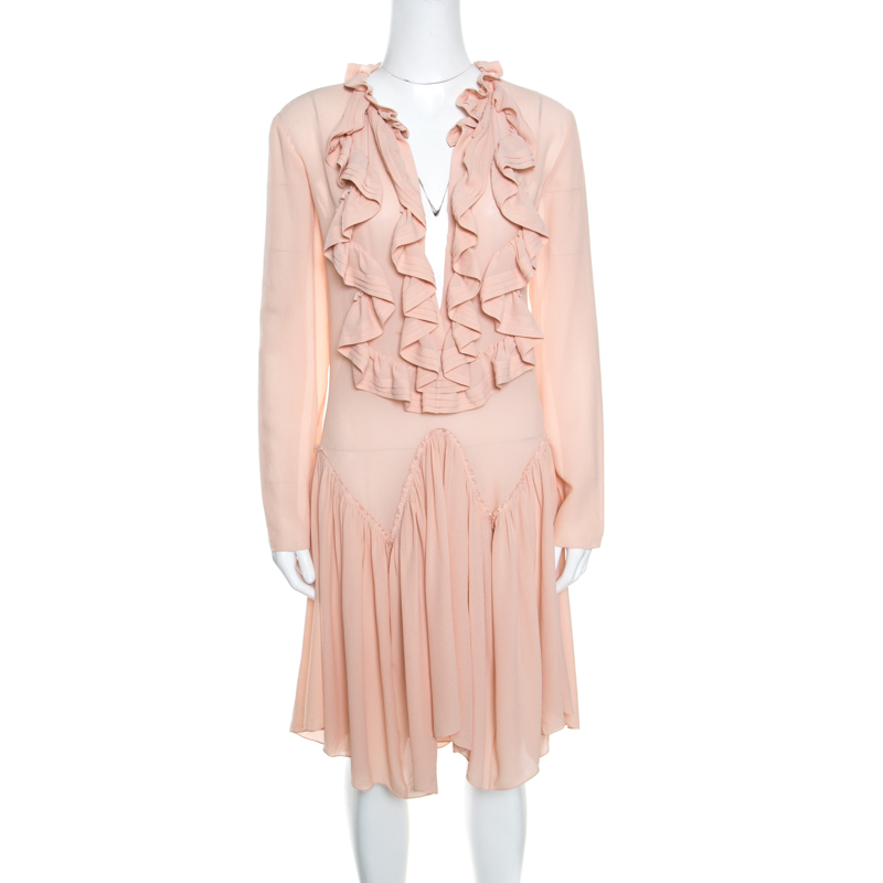 Pre Owned Chloe Tender Pink Silk Ruffle Detail Long Sleeve Dress S