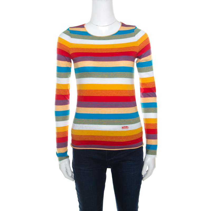 Pre Owned Chloe Multicolor Rainbow Striped Cotton Jersey Long Sleeve Top XS