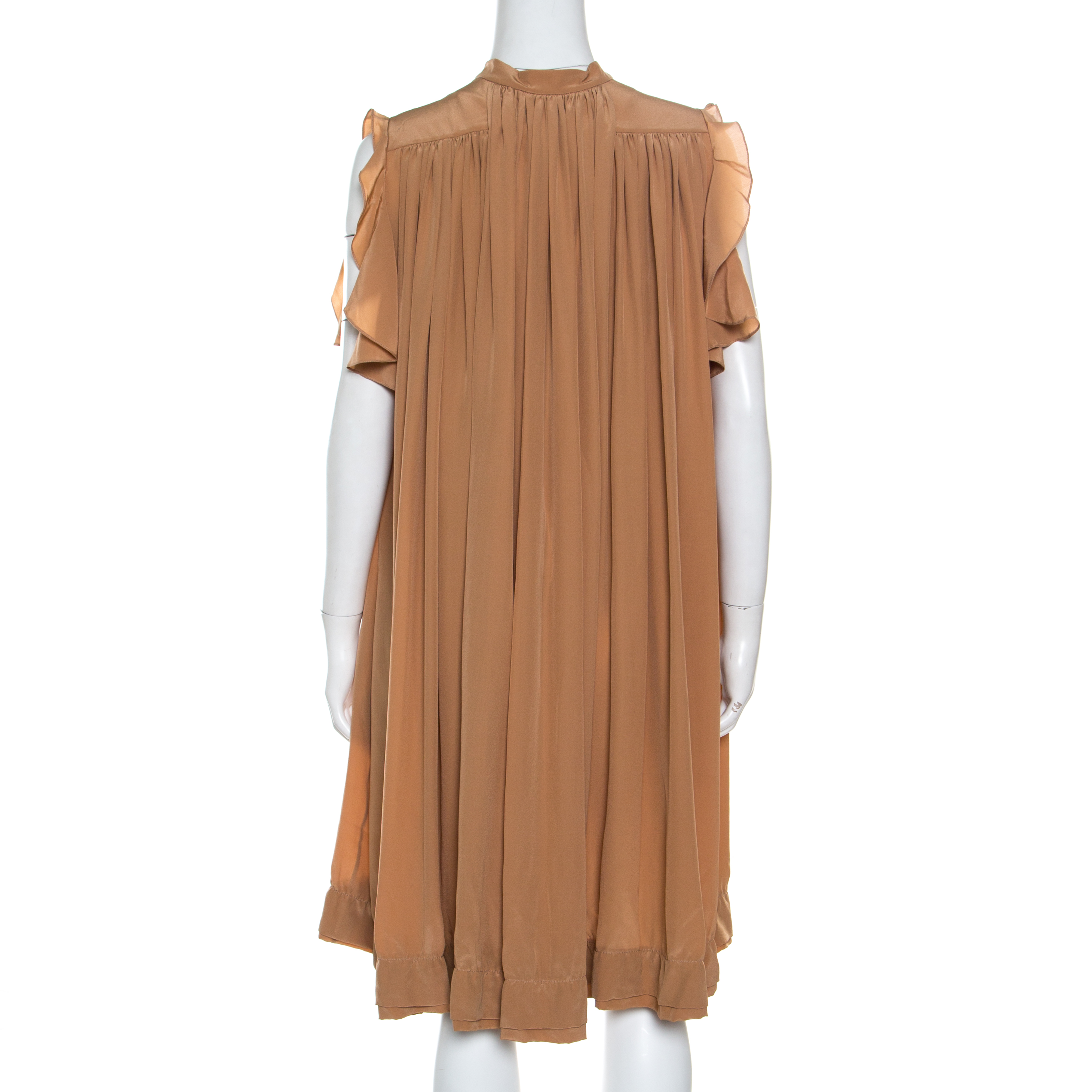 Pre-owned Chloé American Tan Crepe Silk Ruffled Sleeveless Billowy Dress M In Brown