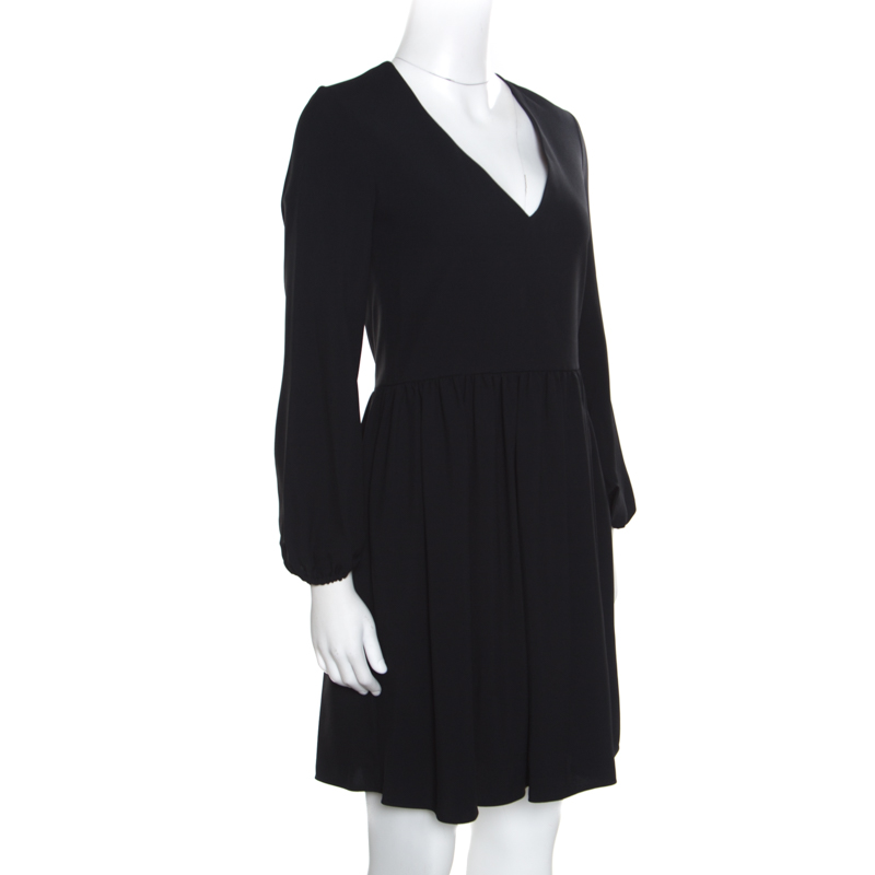 Pre-owned Chloé Black V-neck Gathered Waist Long Sleeve Dress S