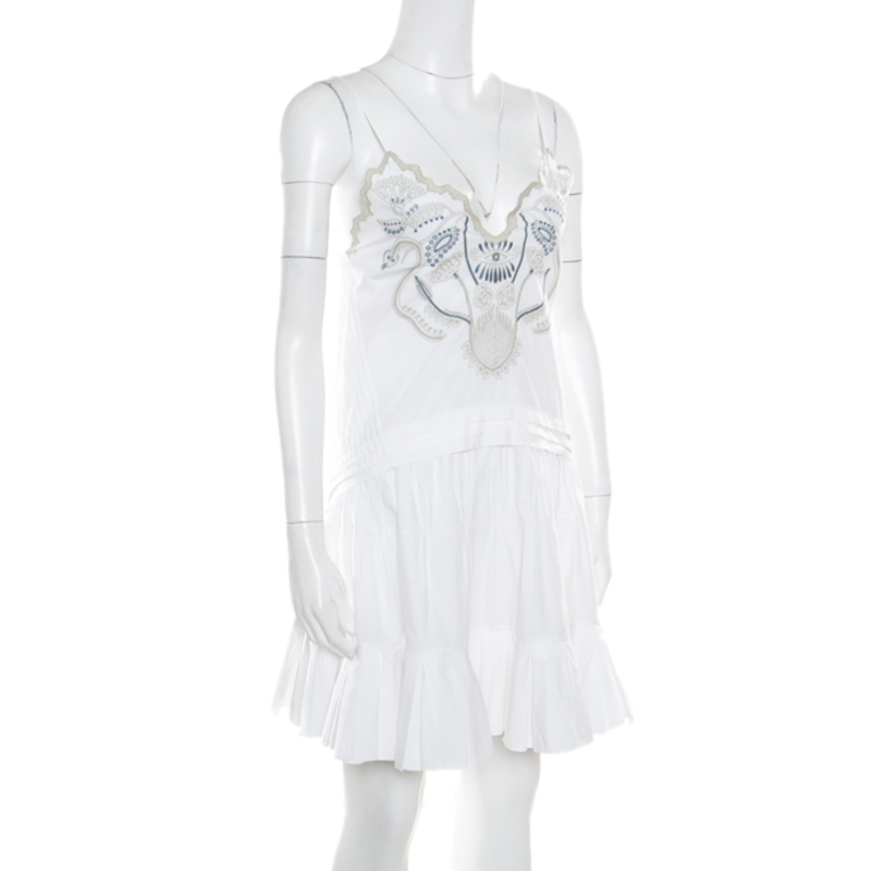 

Chloe White Blossom Embroidered Cotton Pleated Mini Dress