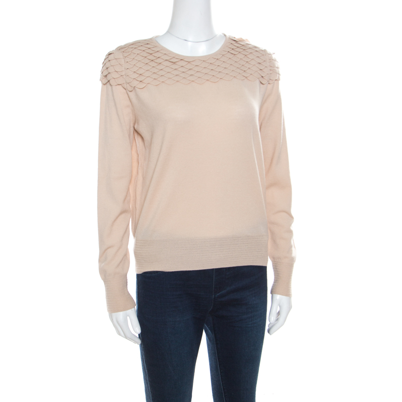 

Chloe Beige Merino Wool Scallop Trimmed Yoke Long Sleeve Top