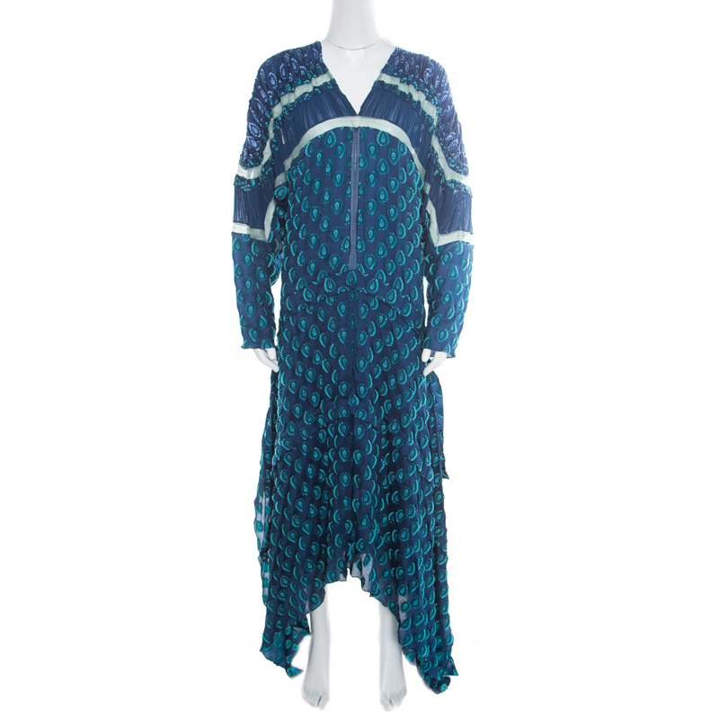 Pre Owned Chloe Cyan Blue Fil Coupe Jacquard Silk Asymmetric Midi Dress M