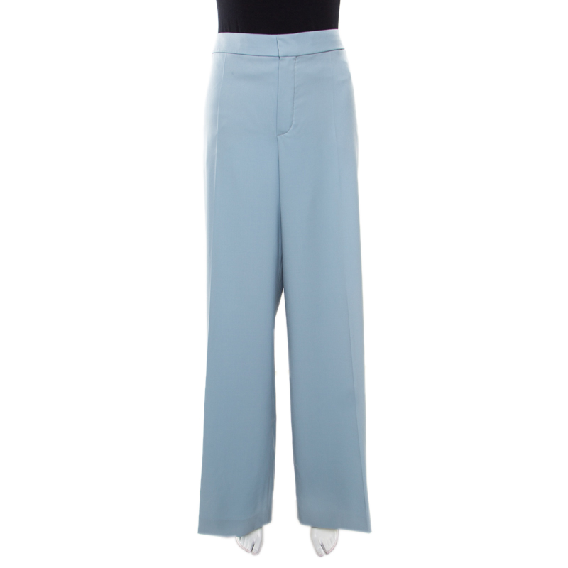 Pre Owned Chloe Sea Spray Wool High Waist Wide Leg Trousers L