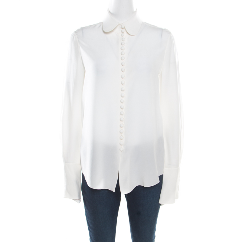 Chloe Milk White Crepe De Chine Button Front Long Sleeve Blouse M