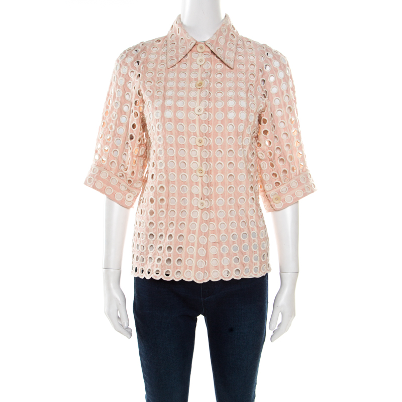 Pre Owned Chloe Shadow Pink Embroidered Guipure Lace Short Sleeve Blouse S