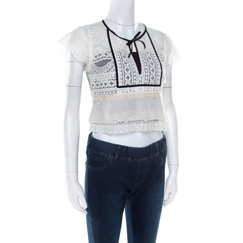 

Chloe Off White Lace Contrast Velvet Tie Scallop Trim Detail Cropped Top