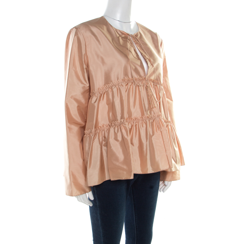 

Chloe Peach Silk Tasseled Tie Up Tiered Parachute Top, Beige