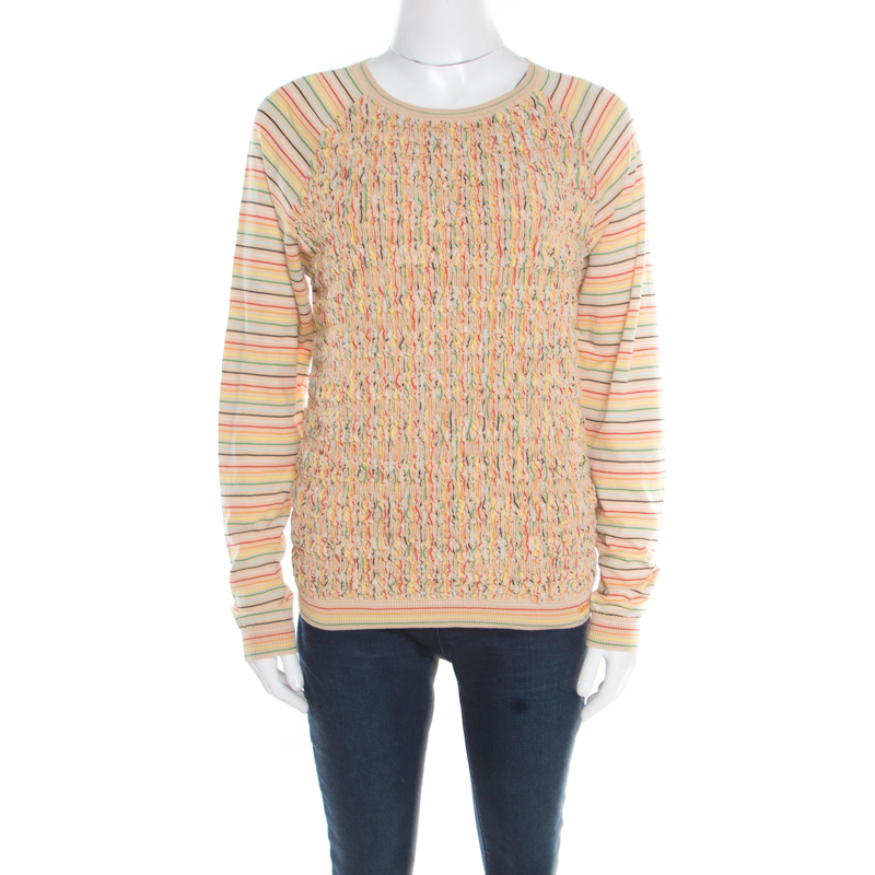 Pre Owned Chloe Rainbow Striped Ruched Panel Detail Raglan Sleeve Top XS