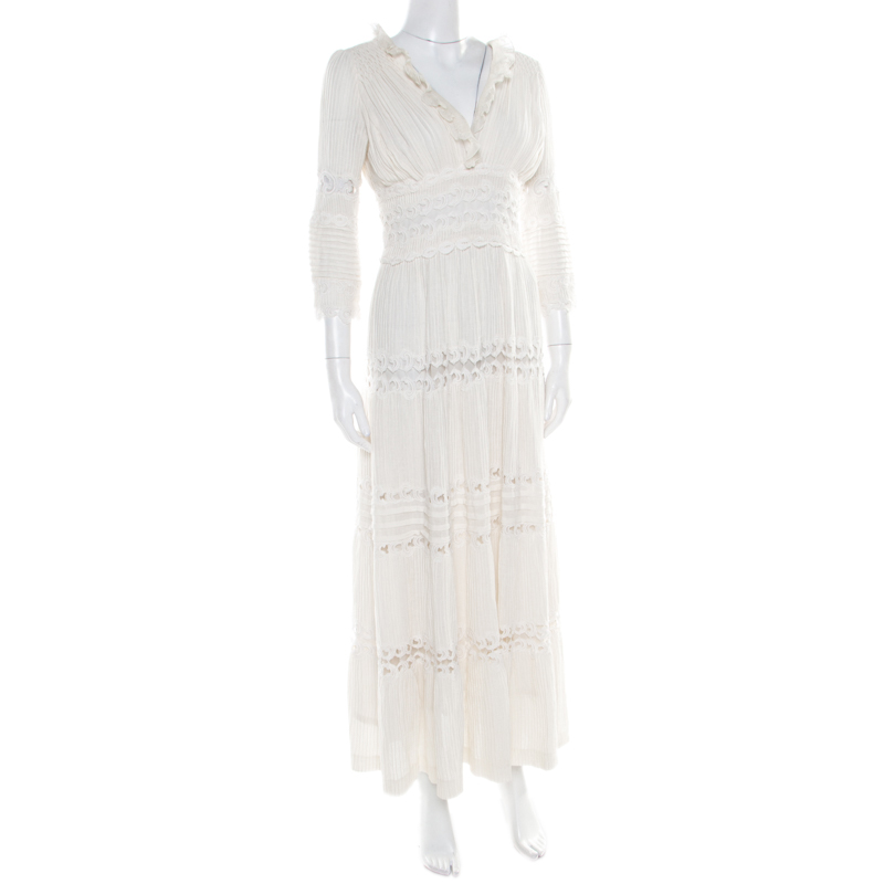 Pre-owned Chloé Cream Linen Pintucked Lace Paneled Maxi Dress S